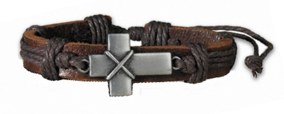Pewter Cross Leatherette Bracelet