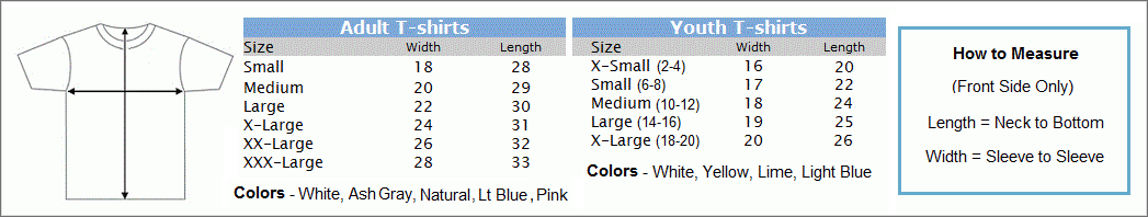 Tshirt Size & Color Chart