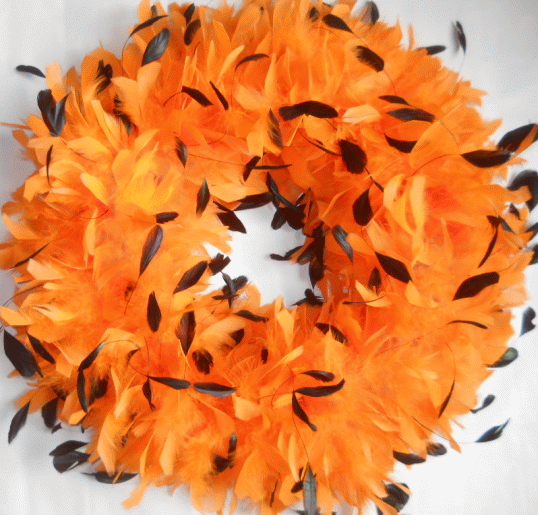 Orange Halloween Wreath with Coque Feather Accents ONLY 1 LEFT