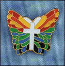 Rainbow Colored Enameled Butterfly & Cross Lapel Pin