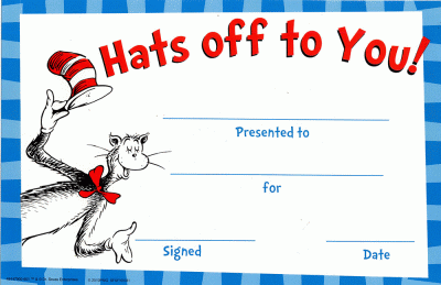 Dr Seuss Hats of to You Certificate