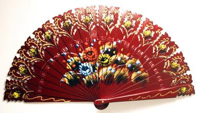 Floral Wooden Fan - Handpainted Red