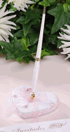 Pretty Pink Trim Heart Shaped Wedding Pen Set